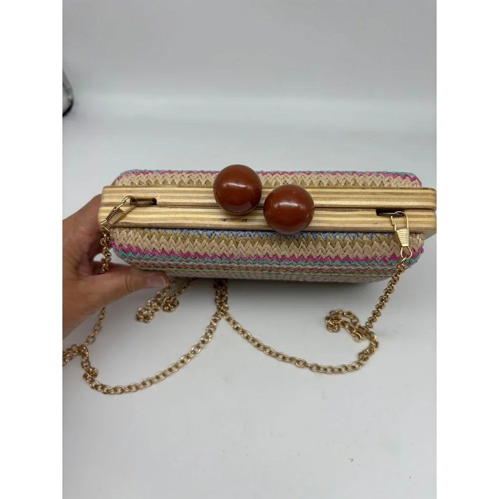 Bohemian Woven Chevron Clutch Multi-Color Wood Frame Ball Clasp Chic